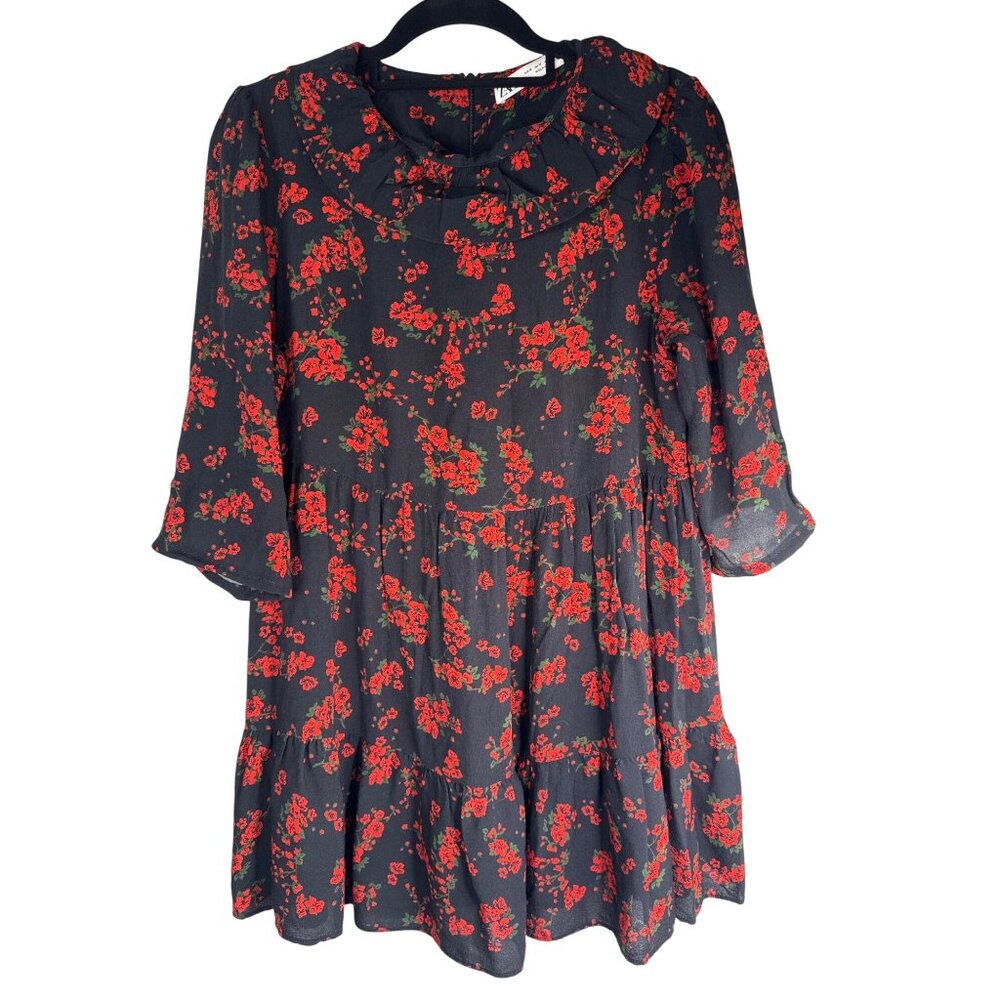 2/$30 ZARA Black & Red Medium Floral Print Tiered Mini Dress Ruffle Collar